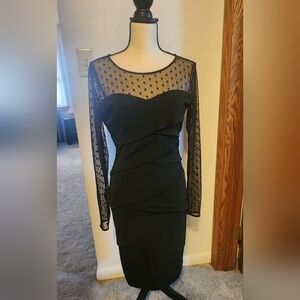 White House Black Market Black Layered Dress with Sheer Polka Dot Sleeves